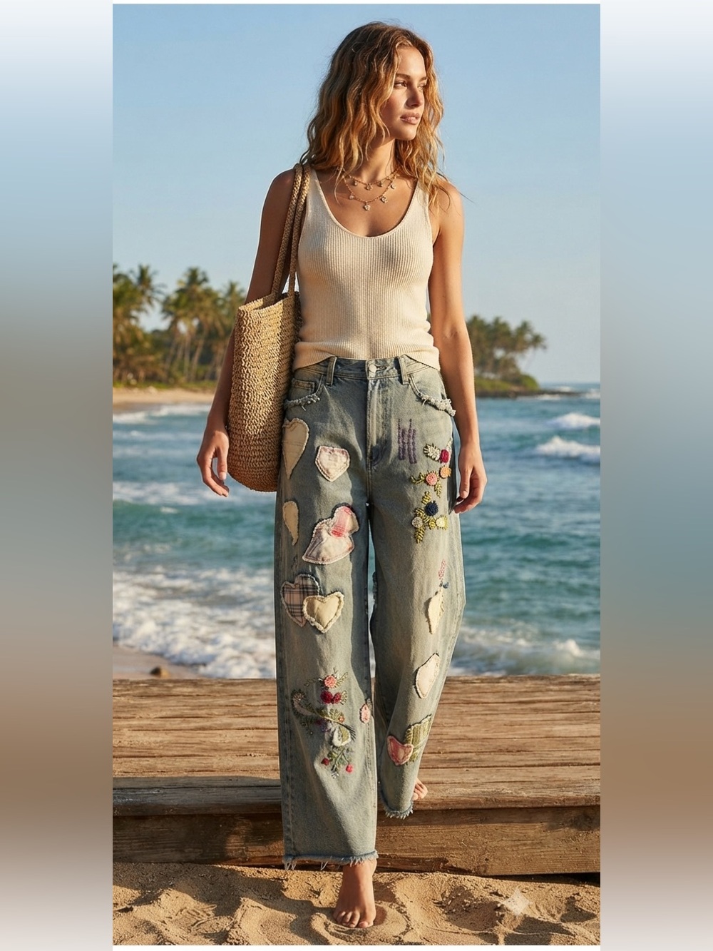 Light Wash Embroidered Straight-Leg Jeans with Heart Patch Details